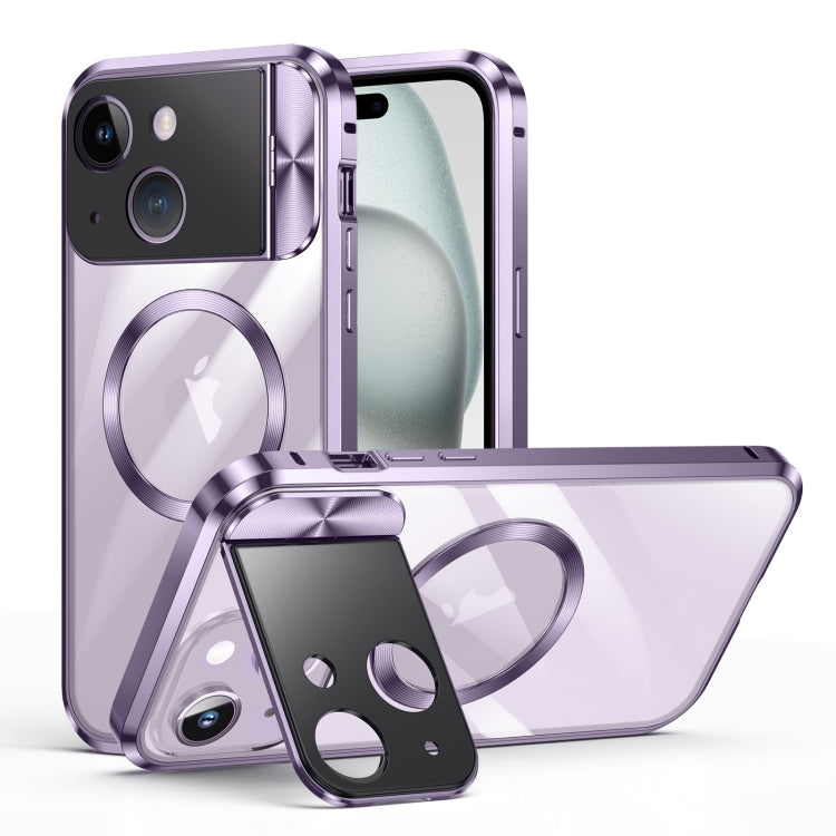 For iPhone 15 Large Window Holder MagSafe Magnetic Metal Phone Case(Purple) - iPhone 15 Cases by buy2fix | Online Shopping UK | buy2fix