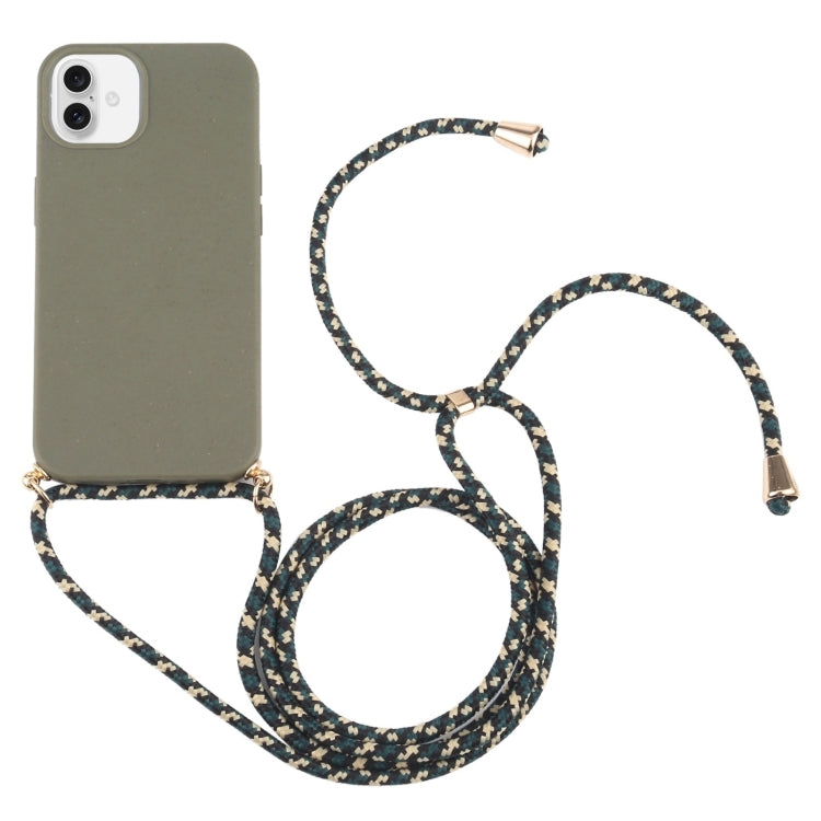 For iPhone 16 Wheat Straw TPU Shockproof Phone Case with Neck Lanyard(Dark Green) - iPhone 16 Cases by buy2fix | Online Shopping UK | buy2fix