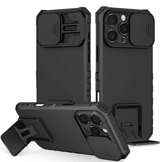 For iPhone 16 Pro Max Stereoscopic Holder Sliding Camshield Phone Case(Black) - iPhone 16 Pro Max Cases by buy2fix | Online Shopping UK | buy2fix