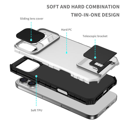 For iPhone 16 Stereoscopic Holder Sliding Camshield Phone Case(White) - iPhone 16 Cases by buy2fix | Online Shopping UK | buy2fix