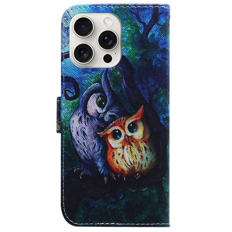 For iPhone 16 Pro Coloured Drawing Flip Leather Phone Case(Oil Painting Owl) - iPhone 16 Pro Cases by buy2fix | Online Shopping UK | buy2fix