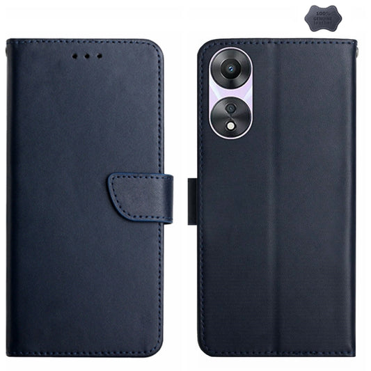For OPPO A18 / A38 4G HT02 Genuine Leather Fingerprint-proof Flip Phone Case(Blue) - A18 Cases by buy2fix | Online Shopping UK | buy2fix
