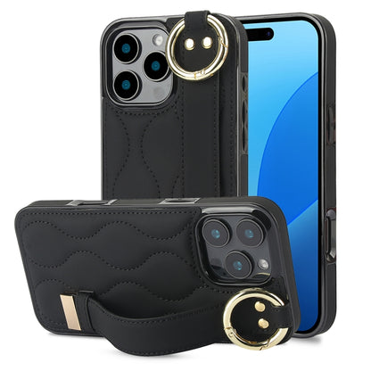 For iPhone 16 Pro Max Non-slip Full Coverage Ring PU Phone Case with Wristband(Black) - iPhone 16 Pro Max Cases by buy2fix | Online Shopping UK | buy2fix