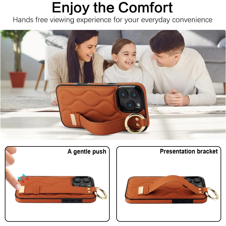 For iPhone 16 Pro Non-slip Full Coverage Ring PU Phone Case with Wristband(Brown) - iPhone 16 Pro Cases by buy2fix | Online Shopping UK | buy2fix