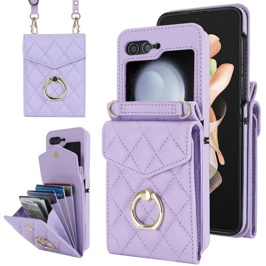 For Samsung Galaxy Z Flip6 Diamond Lattice RFID Card Slot Phone Case with Ring Holder(Purple) - Galaxy Z Flip6 5G Cases by buy2fix | Online Shopping UK | buy2fix