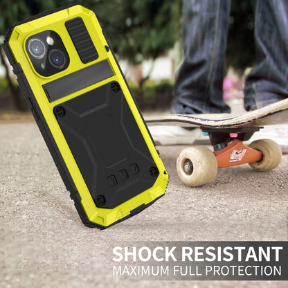 For iPhone 15 Plus R-JUST Shockproof Life Waterproof Dust-proof Metal + Silicone Phone Case with Holder(Yellow) - iPhone 15 Plus Cases by R-JUST | Online Shopping UK | buy2fix