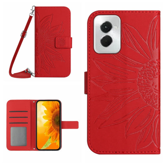 For Motorola Moto G Power 5G 2024 HT04 Skin Feel Sun Flower Embossed Flip Leather Phone Case with Lanyard(Red) - Motorola Cases by buy2fix | Online Shopping UK | buy2fix
