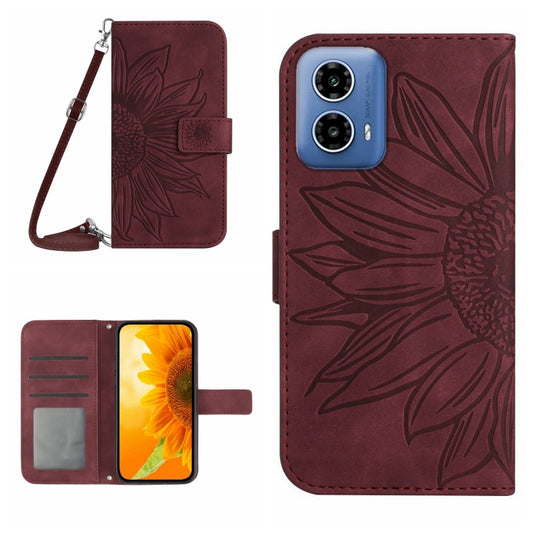 For Motorola Moto G Stylus 5G 2024 HT04 Skin Feel Sun Flower Embossed Flip Leather Phone Case with Lanyard(Wine Red) - Motorola Cases by buy2fix | Online Shopping UK | buy2fix