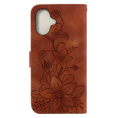 For iPhone 16 Lily Embossed Leather Phone Case(Brown) - iPhone 16 Cases by buy2fix | Online Shopping UK | buy2fix