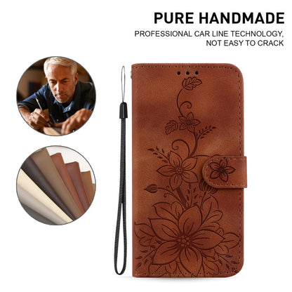 For iPhone 16 Lily Embossed Leather Phone Case(Brown) - iPhone 16 Cases by buy2fix | Online Shopping UK | buy2fix