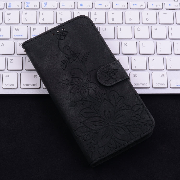 For iPhone 16 Lily Embossed Leather Phone Case(Black) - iPhone 16 Cases by buy2fix | Online Shopping UK | buy2fix