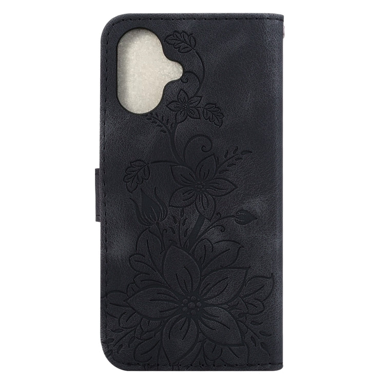 For iPhone 16 Lily Embossed Leather Phone Case(Black) - iPhone 16 Cases by buy2fix | Online Shopping UK | buy2fix