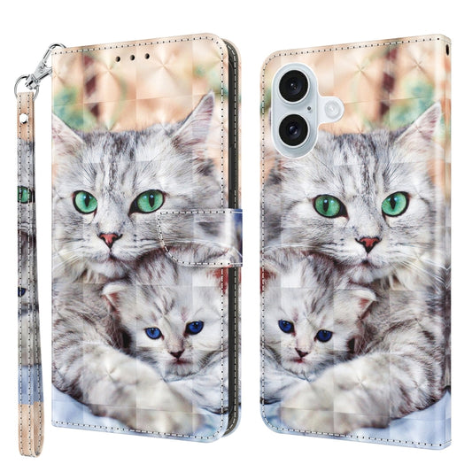 For iPhone 16 3D Painted Leather Phone Case(Two Loving Cats) - iPhone 16 Cases by buy2fix | Online Shopping UK | buy2fix