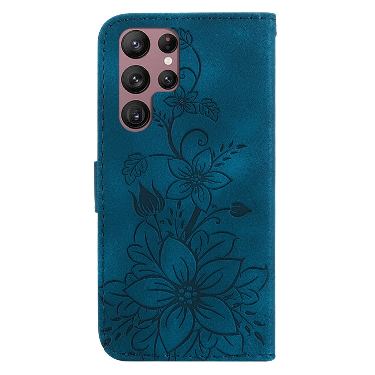 For Samsung Galaxy S22 Ultra 5G Lily Embossed Leather Phone Case(Dark Blue) - Galaxy S22 Ultra 5G Cases by buy2fix | Online Shopping UK | buy2fix