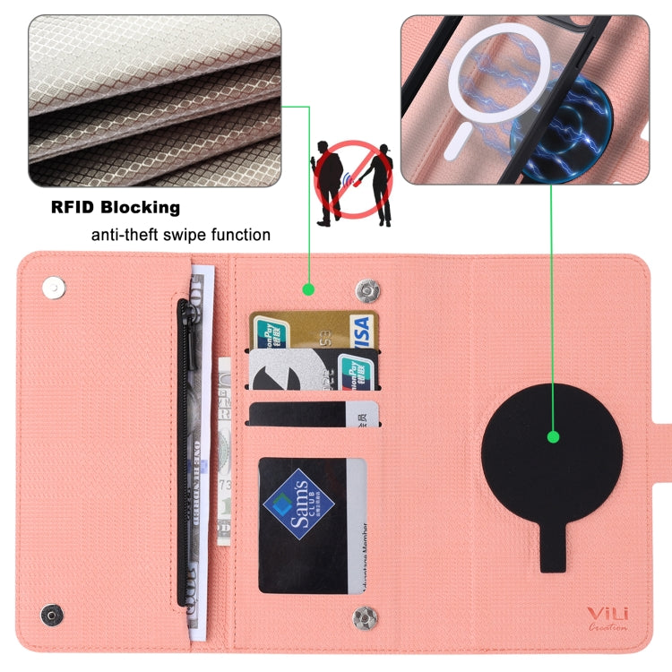 For iPhone 15 Pro Max ViLi GHB Series MagSafe Magnetic Zipper Leather Phone Case(Pink) - iPhone 15 Pro Max Cases by ViLi | Online Shopping UK | buy2fix