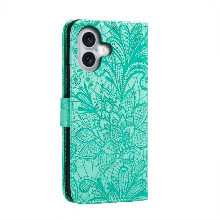 For iPhone 16 Lace Flower Embossing Flip Leather Phone Case(Green) - iPhone 16 Cases by buy2fix | Online Shopping UK | buy2fix