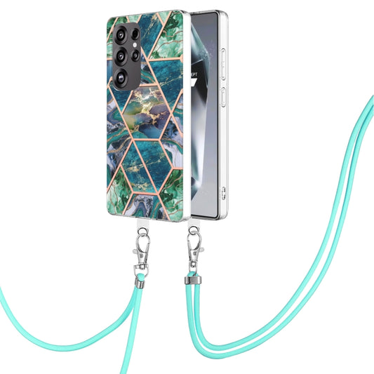 For Samsung Galaxy S25 Ultra 5G Electroplating IMD Splicing Dual-side Marble TPU Phone Case with Lanyard(Blue Green) - Galaxy S25 Ultra 5G Cases by buy2fix | Online Shopping UK | buy2fix