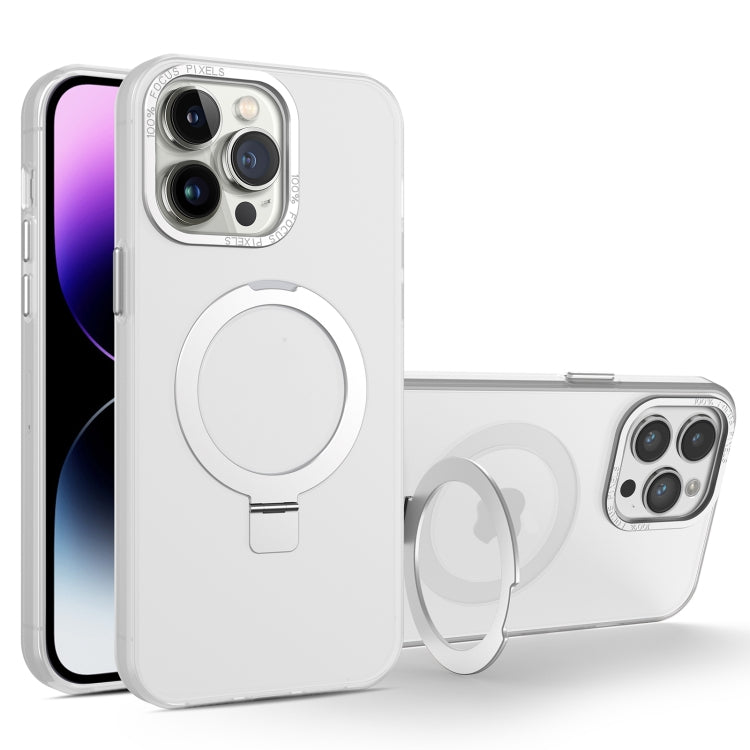 For iPhone 15 Pro MagSafe Metal Holder Frosted Translucent Phone Case(White) - iPhone 15 Pro Cases by buy2fix | Online Shopping UK | buy2fix