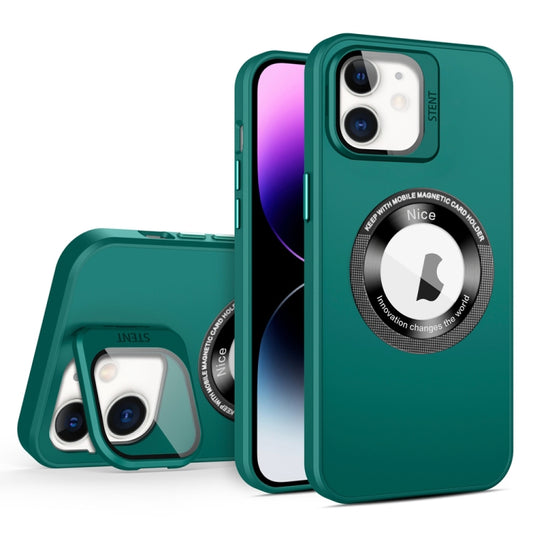 For iPhone 12 Skin Feel Magnifier MagSafe Lens Holder Phone Case(Dark Green) - iPhone 12 / 12 Pro Cases by buy2fix | Online Shopping UK | buy2fix