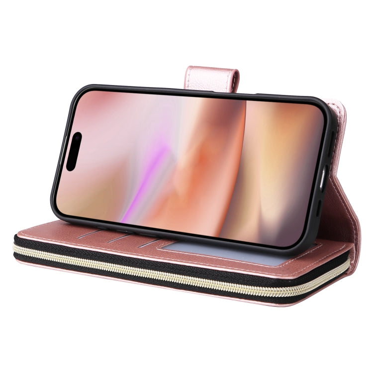 For iPhone 16 Plus 9 Card Slots Zipper Wallet Bag Leather Phone Case(Rose Gold) - iPhone 16 Plus Cases by buy2fix | Online Shopping UK | buy2fix