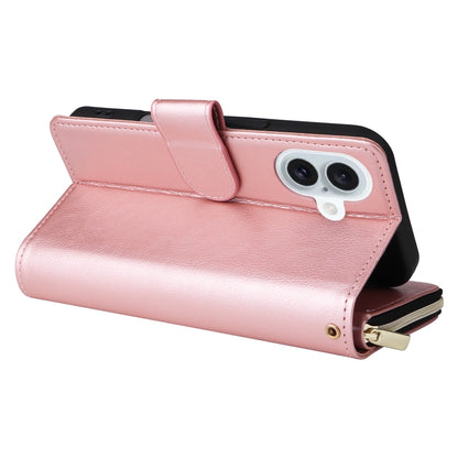 For iPhone 16 Plus 9 Card Slots Zipper Wallet Bag Leather Phone Case(Rose Gold) - iPhone 16 Plus Cases by buy2fix | Online Shopping UK | buy2fix