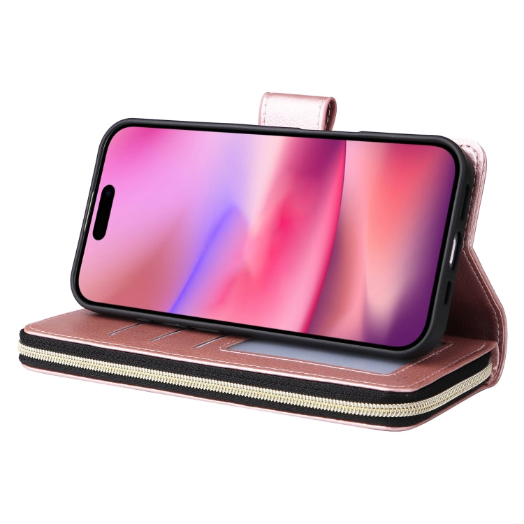 For iPhone 16 9 Card Slots Zipper Wallet Bag Leather Phone Case(Rose Gold) - iPhone 16 Cases by buy2fix | Online Shopping UK | buy2fix