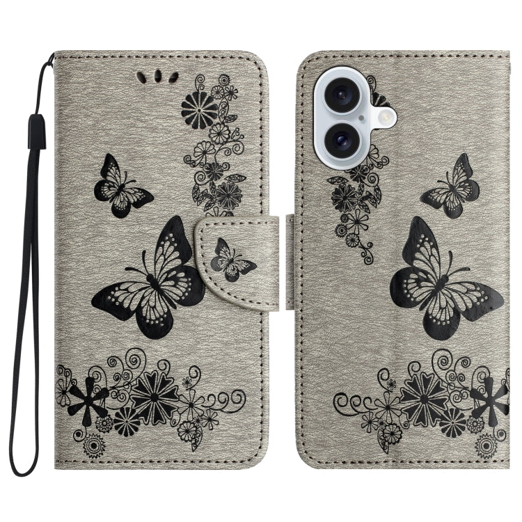 For iPhone 16 Butterfly Embossed Flip Leather Phone Case(Grey) - iPhone 16 Cases by buy2fix | Online Shopping UK | buy2fix