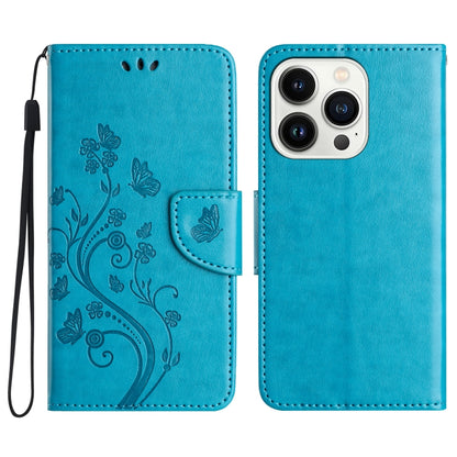 For iPhone 16 Pro Butterfly Flower Pattern Flip Leather Phone Case(Blue) - iPhone 16 Pro Cases by buy2fix | Online Shopping UK | buy2fix