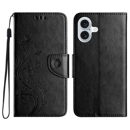 For iPhone 16 Butterfly Flower Pattern Flip Leather Phone Case(Black) - iPhone 16 Cases by buy2fix | Online Shopping UK | buy2fix