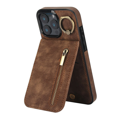 For iPhone 16 Pro Retro Ring and Zipper RFID Card Slot Phone Case(Brown) - iPhone 16 Pro Cases by buy2fix | Online Shopping UK | buy2fix