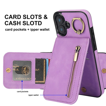 For iPhone 16 Retro Ring and Zipper RFID Card Slot Phone Case(Purple) - iPhone 16 Cases by buy2fix | Online Shopping UK | buy2fix