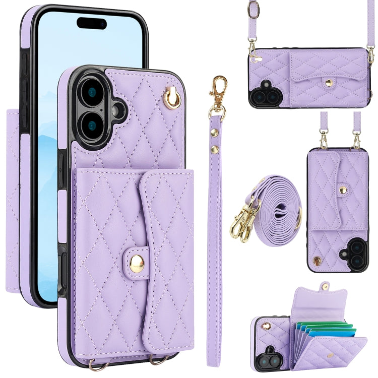 For iPhone 16 Plus Crossbody Rhombic Horizontal Wallet Leather Phone Case(Purple) - iPhone 16 Plus Cases by buy2fix | Online Shopping UK | buy2fix