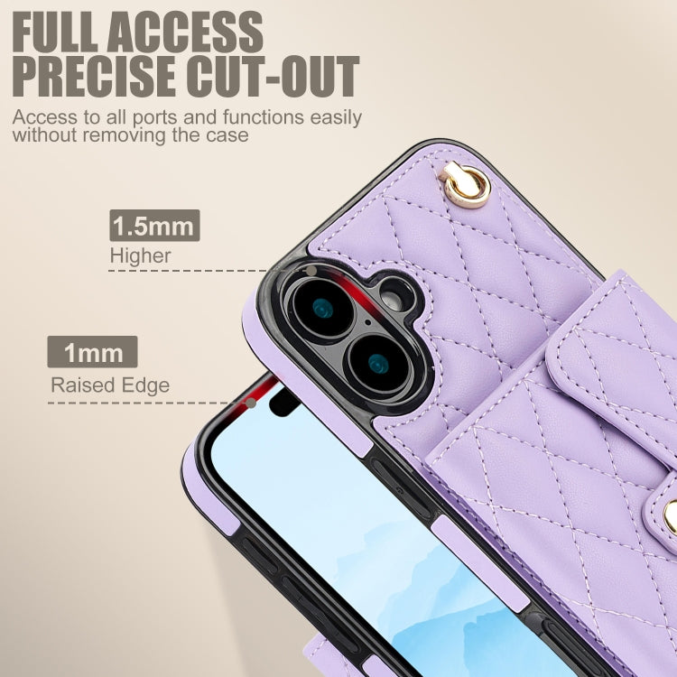 For iPhone 16 Plus Crossbody Rhombic Horizontal Wallet Leather Phone Case(Purple) - iPhone 16 Plus Cases by buy2fix | Online Shopping UK | buy2fix