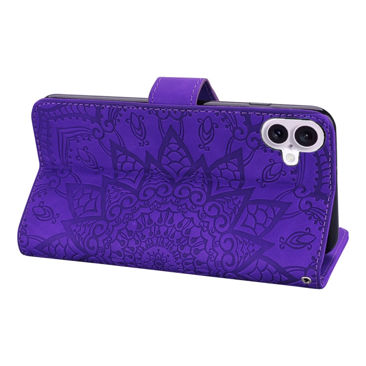 For iPhone 16 Mandala Embossed Dual-Fold Calf Leather Phone Case(Purple) - iPhone 16 Cases by buy2fix | Online Shopping UK | buy2fix