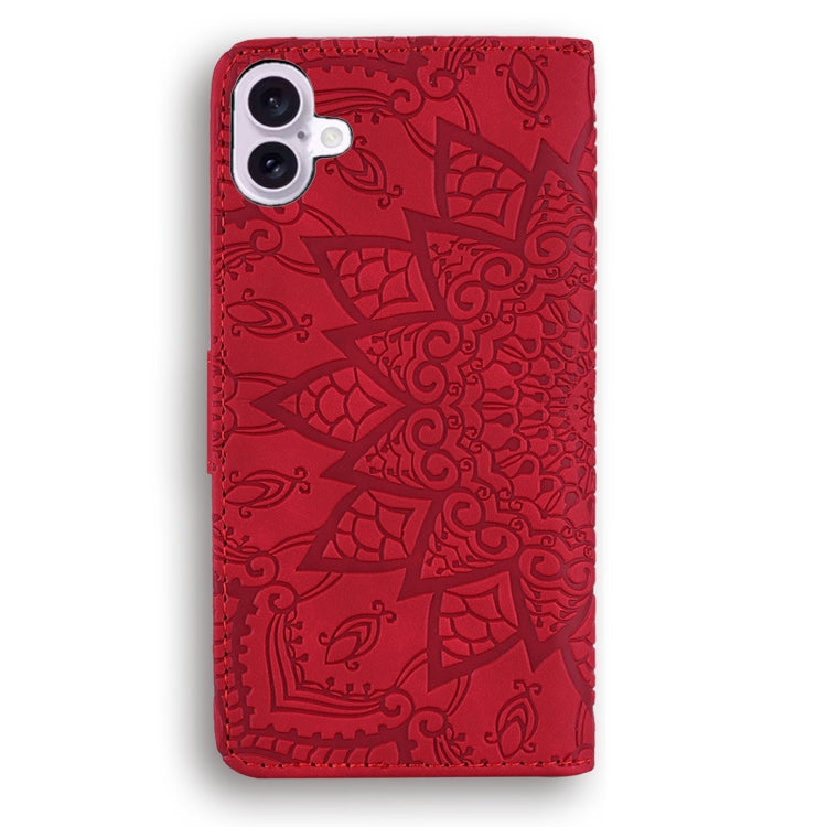 For iPhone 16 Mandala Embossed Dual-Fold Calf Leather Phone Case(Red) - iPhone 16 Cases by buy2fix | Online Shopping UK | buy2fix