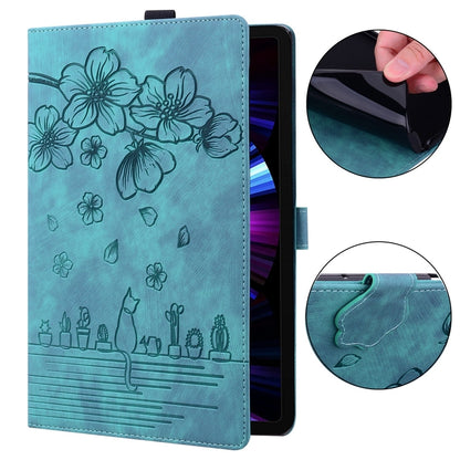 For Samsung Galaxy Tab S9 FE Cartoon Sakura Cat Embossed Leather Tablet Case(Green) - Galaxy Tab S9 FE by buy2fix | Online Shopping UK | buy2fix