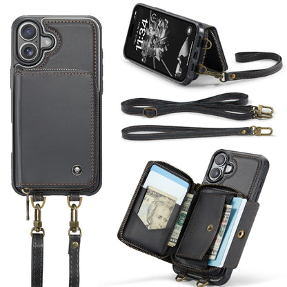 For iPhone 16 JEEHOOD C22 Series Zipper Wallet Leather Phone Case with Dual Lanyard(Black) - iPhone 16 Cases by JEEHOOD | Online Shopping UK | buy2fix