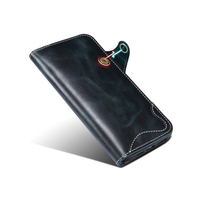 For iPhone 15 Pro Max Denior Oil Wax Cowhide Magnetic Button Genuine Leather Case(Dark Blue) - iPhone 15 Pro Max Cases by Denior | Online Shopping UK | buy2fix