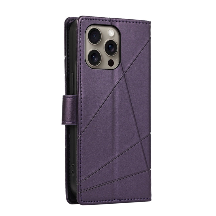 For iPhone 16 Pro Max PU Genuine Leather Texture Embossed Line Phone Case(Purple) - iPhone 16 Pro Max Cases by buy2fix | Online Shopping UK | buy2fix