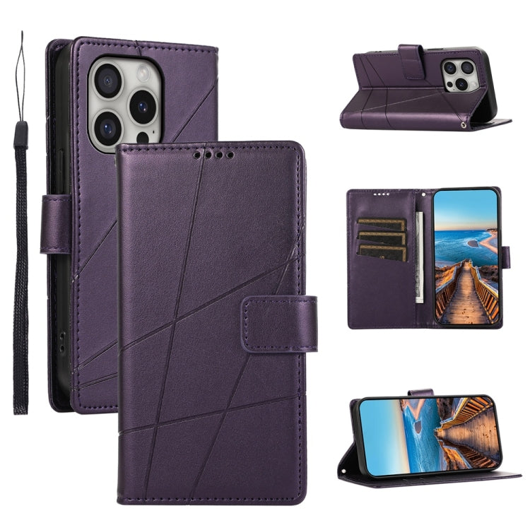 For iPhone 16 Pro PU Genuine Leather Texture Embossed Line Phone Case(Purple) - iPhone 16 Pro Cases by buy2fix | Online Shopping UK | buy2fix