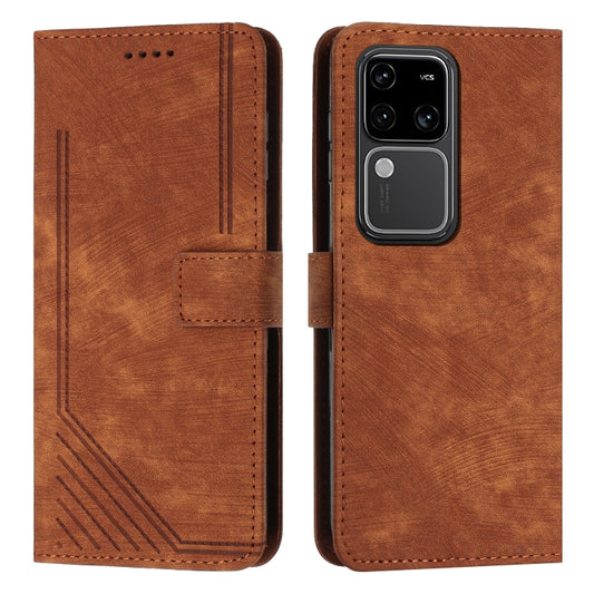 For vivo S18 / S18 Pro Skin Feel Stripe Pattern Leather Phone Case with Lanyard(Brown) - S18 Cases by buy2fix | Online Shopping UK | buy2fix