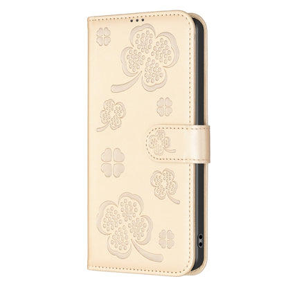 For iPhone 16 Pro Four-leaf Embossed Leather Phone Case(Gold) - iPhone 16 Pro Cases by buy2fix | Online Shopping UK | buy2fix