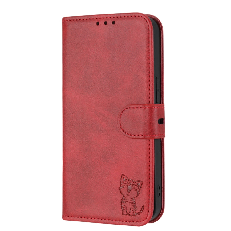 For Google Pixel 9 Embossed Happy Cat Pattern Flip Leather Phone Case(Red) - Google Cases by buy2fix | Online Shopping UK | buy2fix