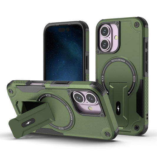 For iPhone 16 Armor Magsafe Holder PC Hybrid TPU Phone Case(Army Green) - iPhone 16 Cases by buy2fix | Online Shopping UK | buy2fix