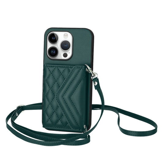 For iPhone 16 Pro Rhombic Texture Card Bag RFID Phone Case with Long Lanyard(Green) - iPhone 16 Pro Cases by buy2fix | Online Shopping UK | buy2fix