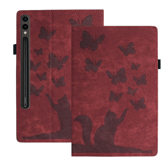 For Samsung Galaxy Tab S9 Ultra / S8 Ultra Butterfly Cat Embossing Leather Tablet Case(Red) - Galaxy Tab S9 Ultra Cases by buy2fix | Online Shopping UK | buy2fix