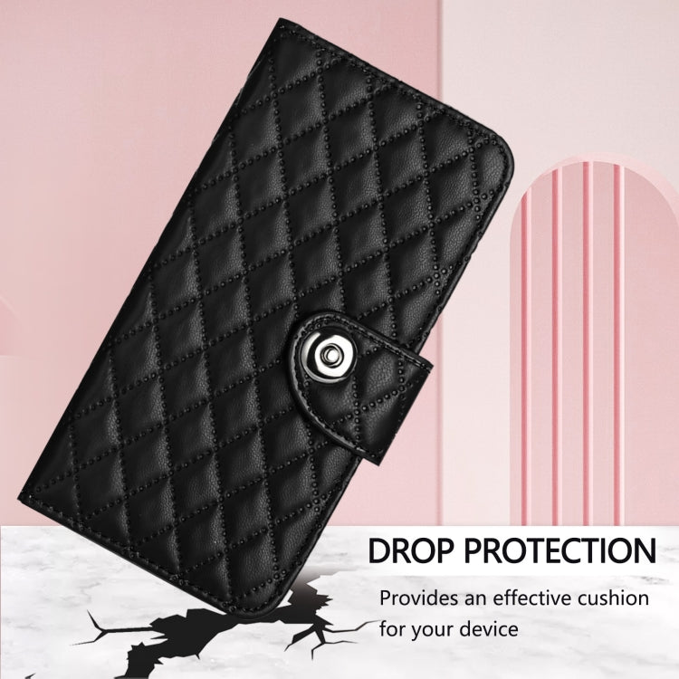 For iPhone 16 Pro Rhombic Texture Flip Leather Phone Case with Lanyard(Black) - iPhone 16 Pro Cases by buy2fix | Online Shopping UK | buy2fix