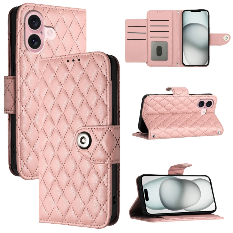 For iPhone 16 Rhombic Texture Flip Leather Phone Case with Lanyard(Coral Pink) - iPhone 16 Cases by buy2fix | Online Shopping UK | buy2fix