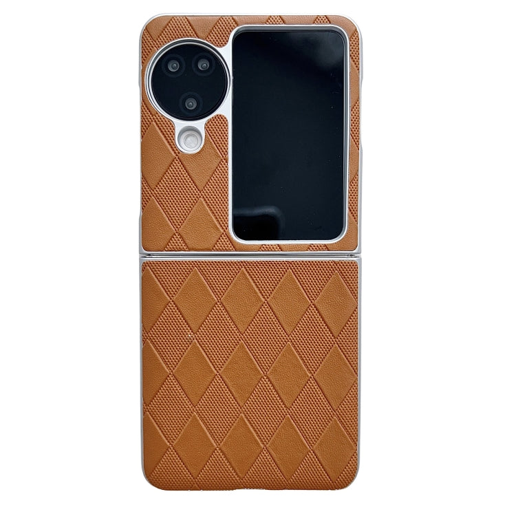 For OPPO Find N3 Flip Pearlescent Paint Diamond Shaped Checkered Leather Phone Case(Brown) - Find N3 Flip Cases by buy2fix | Online Shopping UK | buy2fix
