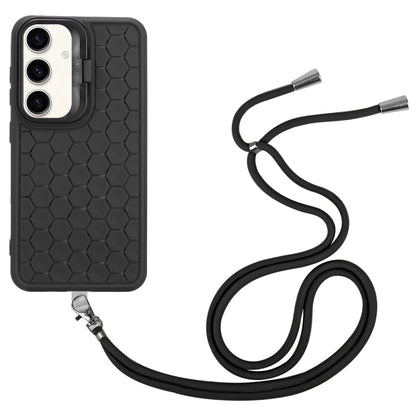 For Samsung Galaxy S24 5G Honeycomb Radiating Lens Holder Magsafe Phone Case with Lanyard(Black) - Galaxy S24 5G Cases by buy2fix | Online Shopping UK | buy2fix